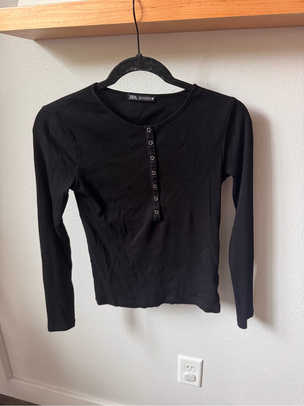Zara Black Ribbed Henley Long Sleeve Tee